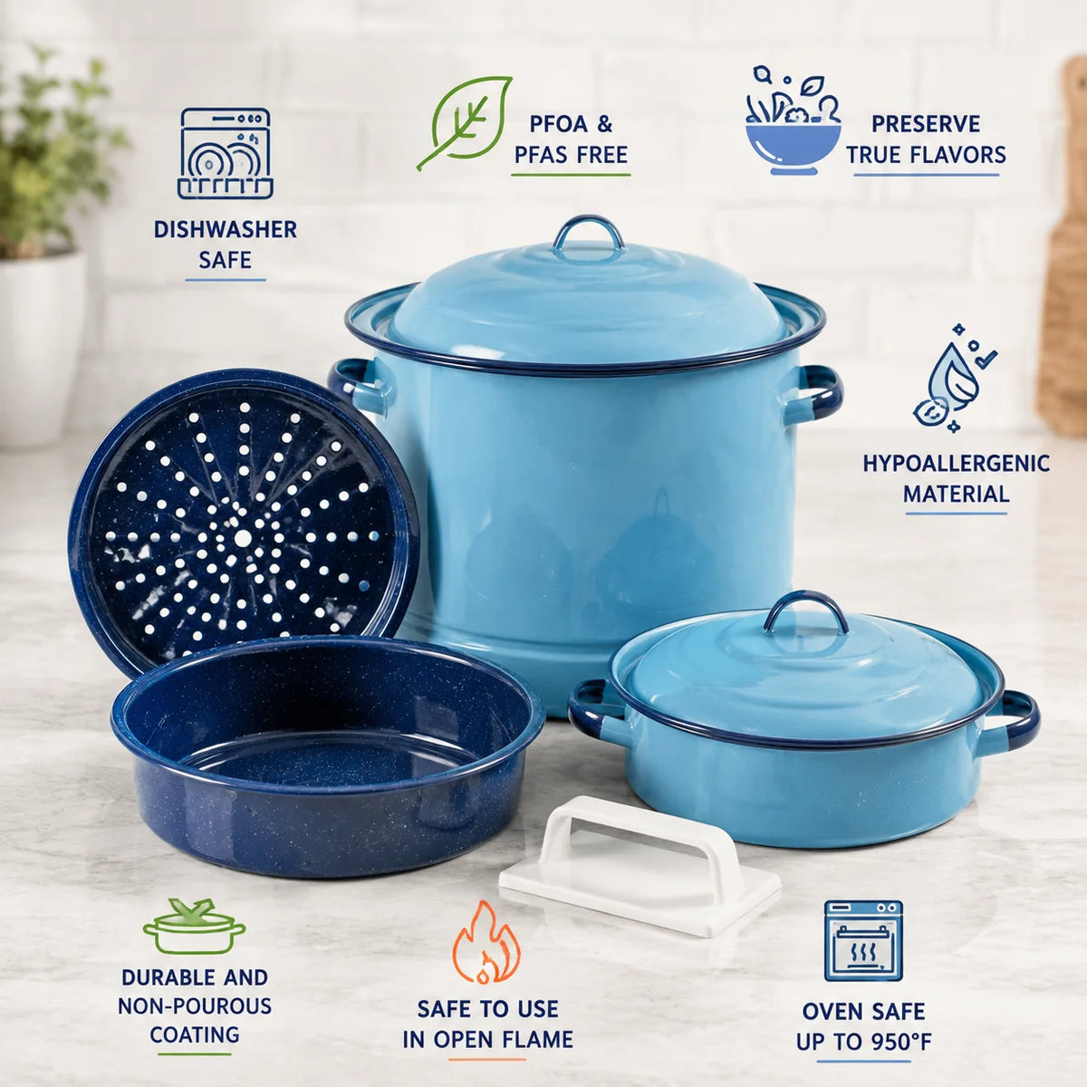 6 Piece Enameled Steel Cookware Set Steamer Dutch Oven Multi Use Dish Kitchen Pots and Pans Set