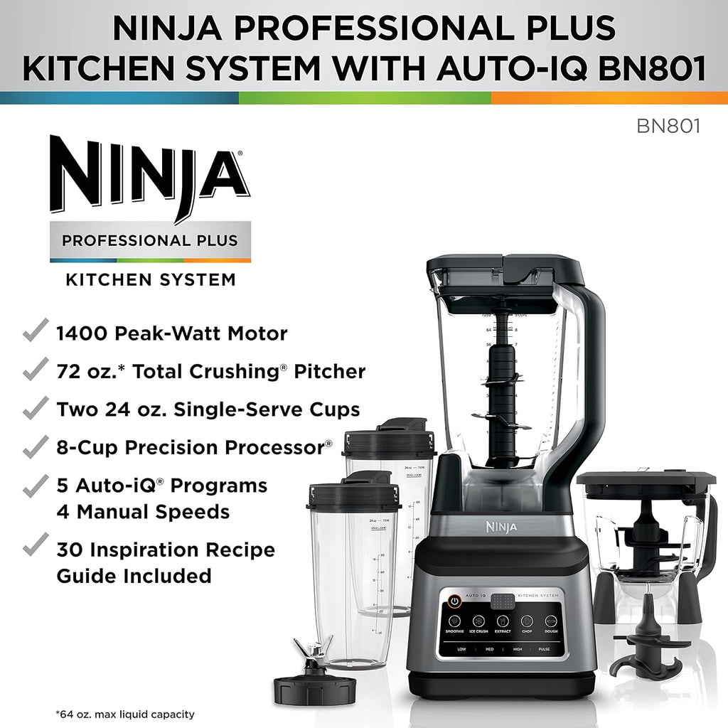 Ninja BN801 Professional Plus Kitchen System 1400 WP 5 Functions for Smoothies Chopping Dough & More with Auto IQ