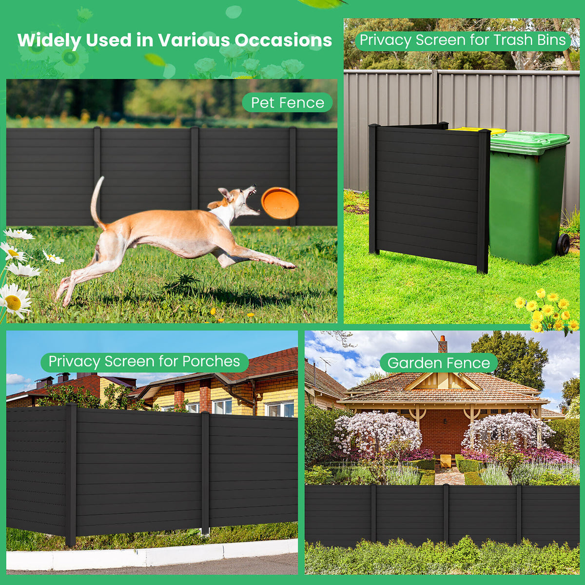 Gymax Outdoor PVC Privacy Panels 2 - Pack Picket Fence W/ 3 Cuspidal Foot Stakes Black