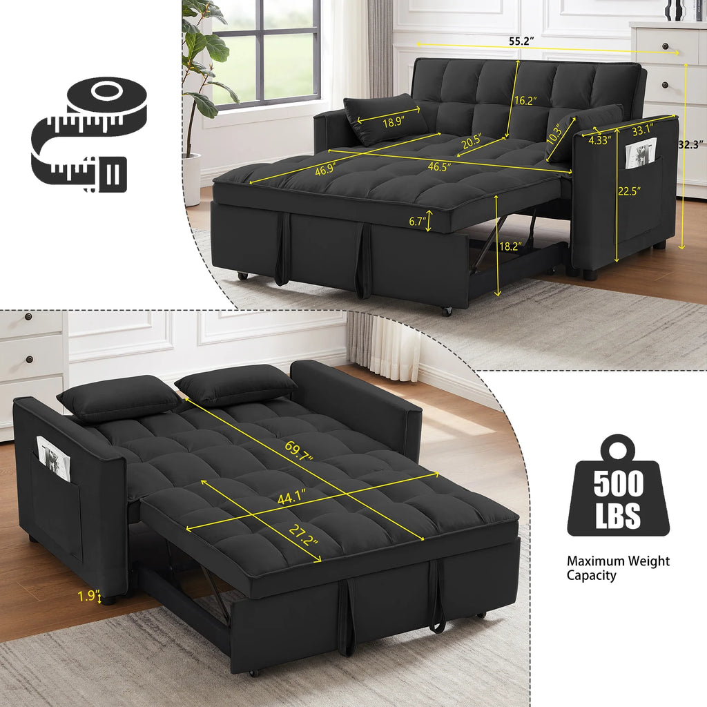 55 in Convertible Futon Sofa Bed, Modern Loveseat Sleeper Sofa Couch with Pull - Out Sofa Bed for Living Room, Small