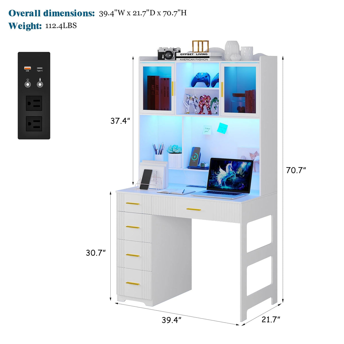 HNEBC LED Study Desk with Hutch and Drawer, Home Office Desk with Outlet, Computer Desk with Charging Station