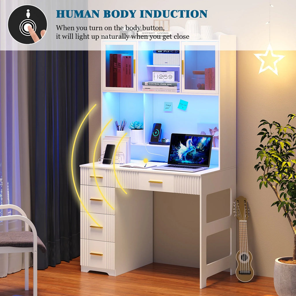 HNEBC LED Study Desk with Hutch and Drawer, Home Office Desk with Outlet, Computer Desk with Charging Station