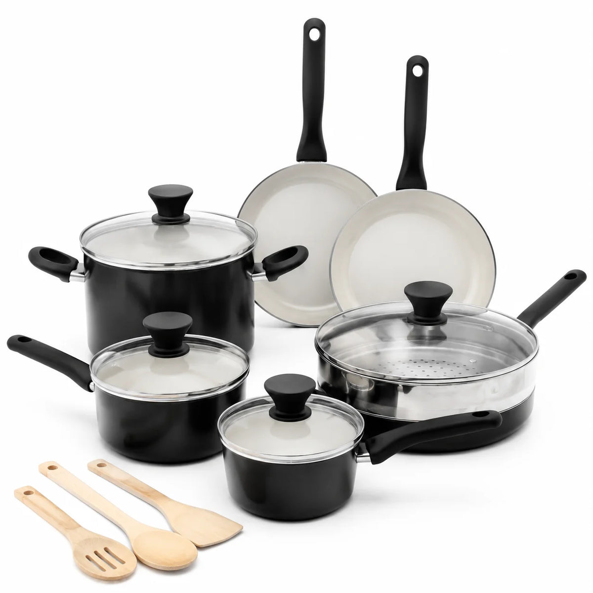 16 Piece Ceramic Nonstick Cookware Set Black Pots and Pans Set with Lids Durable Kitchen Cooking Set