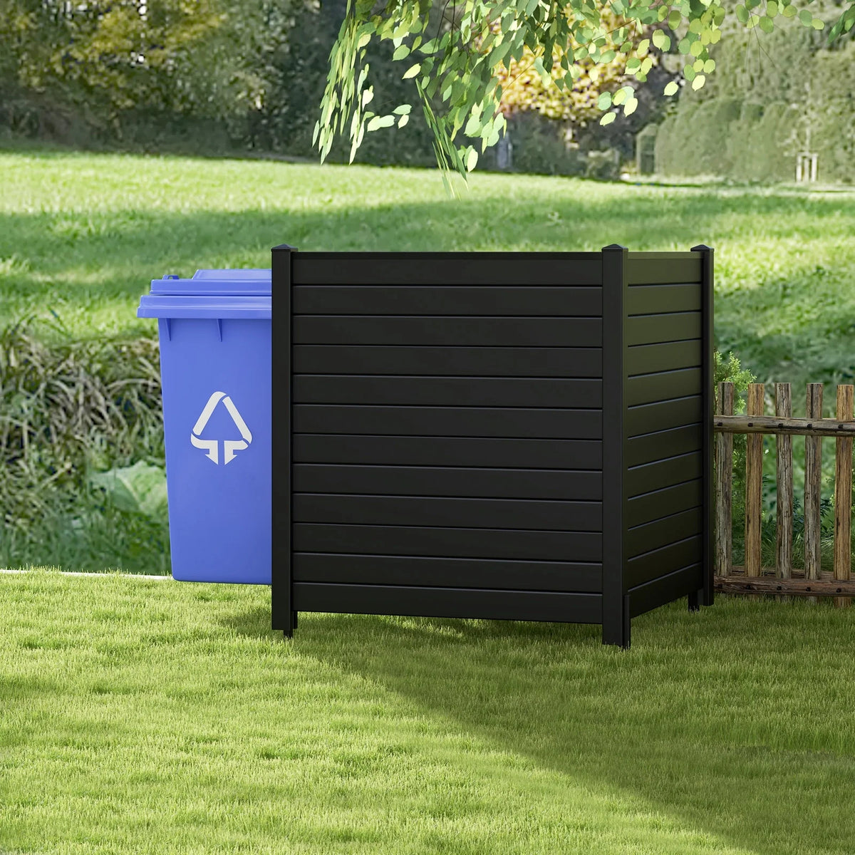 Gymax Outdoor PVC Privacy Panels 2 - Pack Picket Fence W/ 3 Cuspidal Foot Stakes Black