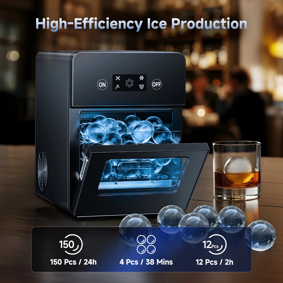 Simzlife Sphere Ice Maker, 10 Pcs/Hour, 150 Pcs/Day, Clear Ice Ball Maker with Enhanced Insulation, with LCD Touch