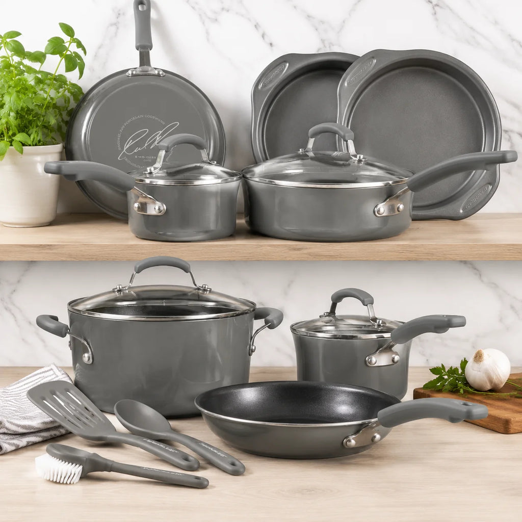 15 Piece Hard Enamel Nonstick Cookware Set Gray Pots and Pans Set with Durable Nonstick Coating for Kitchen Cooking