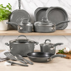15 Piece Hard Enamel Nonstick Cookware Set Gray Pots and Pans Set with Durable Nonstick Coating for Kitchen Cooking