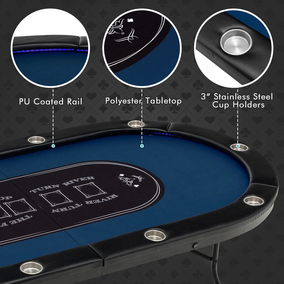 Costway Foldable, USB Ports, LED Lights 10 Player Poker Table, Blue/Black