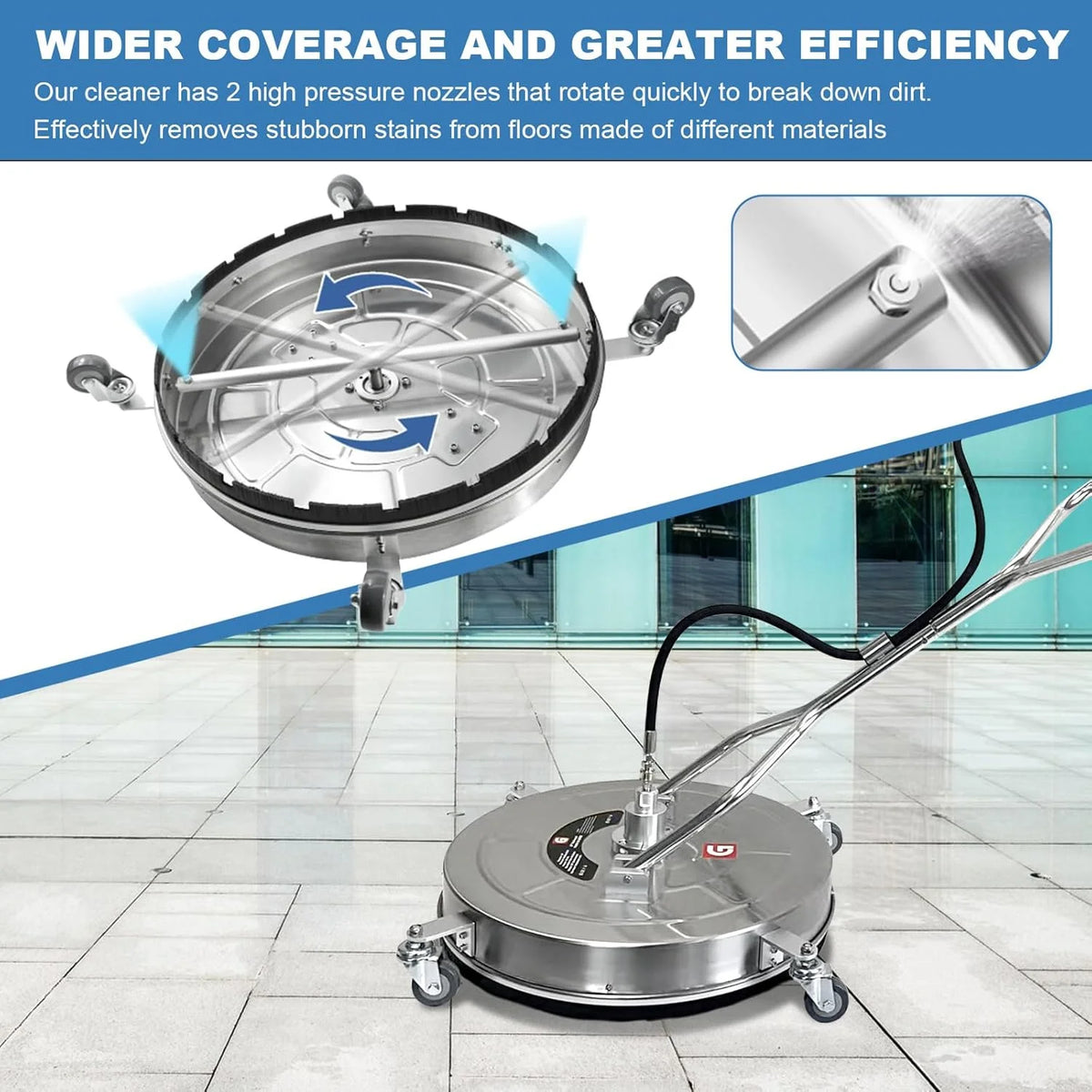 Garvee 24" Pressure Washer Surface Cleaner with Dual Handles - Stainless Steel, 4 - Wheel Design for Driveways