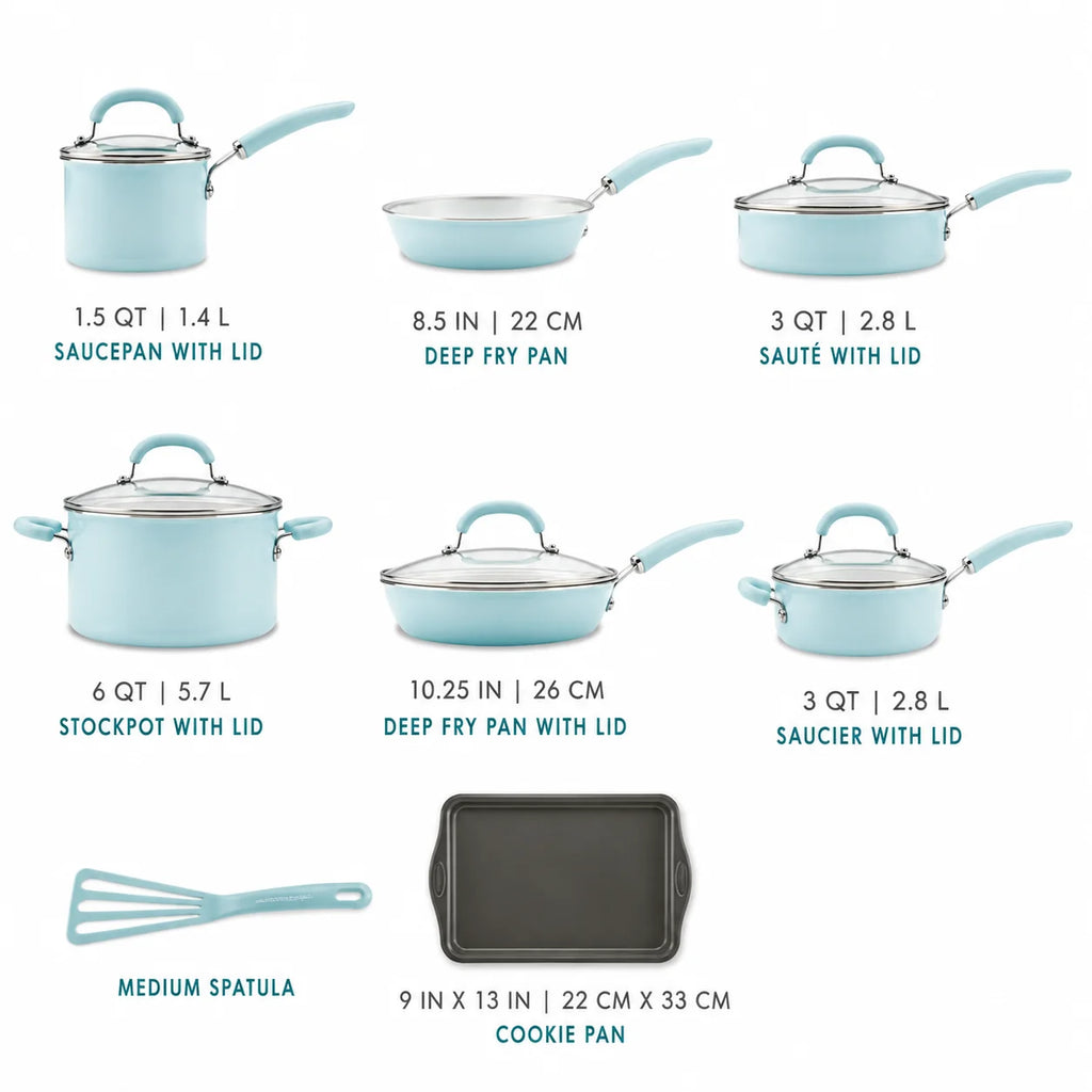 13 Pc Nonstick Aluminum Pots and Pans Set Light Blue Shimmer Cookware Set with Lids for Kitchen Cooking