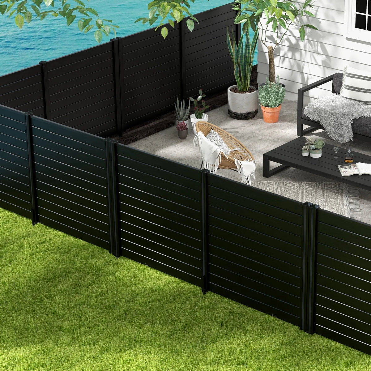 Gymax Outdoor PVC Privacy Panels 2 - Pack Picket Fence W/ 3 Cuspidal Foot Stakes Black