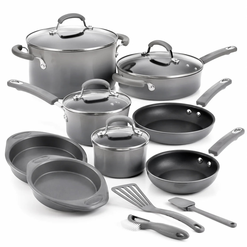 15 Piece Hard Enamel Nonstick Cookware Set Gray Pots and Pans Set with Durable Nonstick Coating for Kitchen Cooking