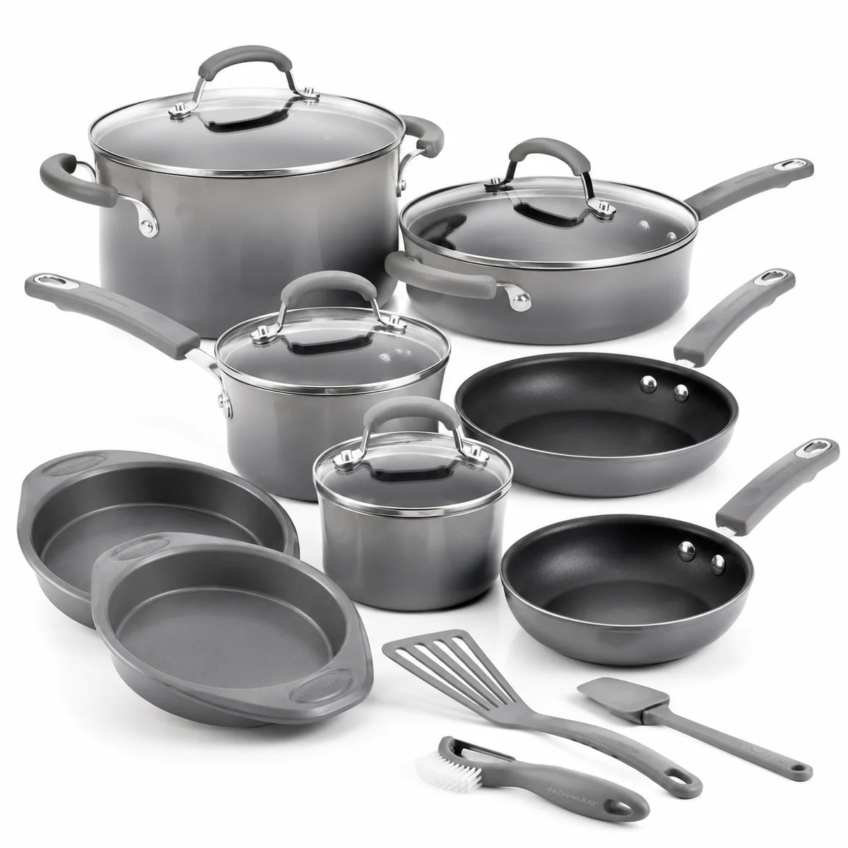 15 Piece Hard Enamel Nonstick Cookware Set Gray Pots and Pans Set with Durable Nonstick Coating for Kitchen Cooking